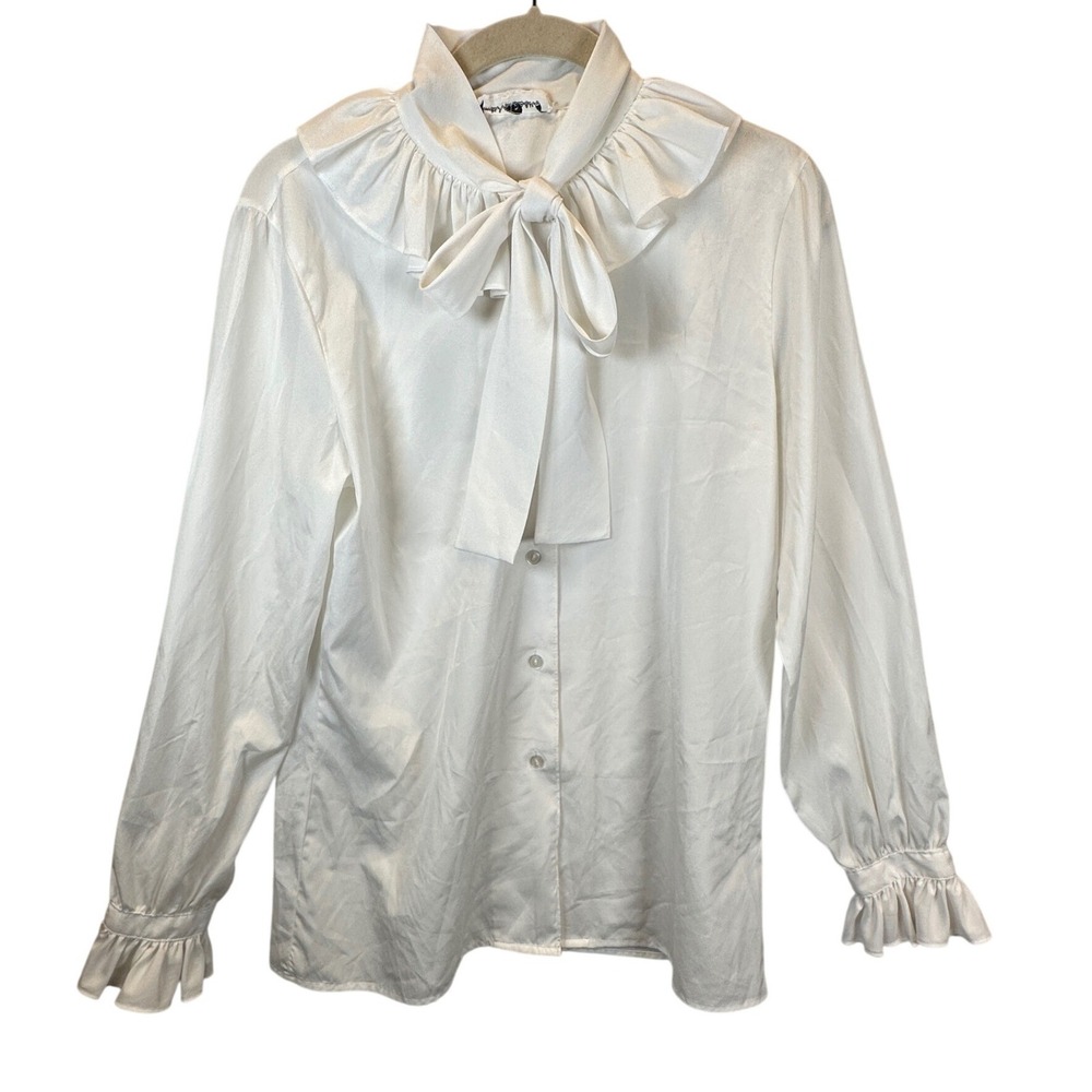 Gloria Vanderbilt Vintage White Ruffle Bow Tie Neck Long Sleeve Blouse